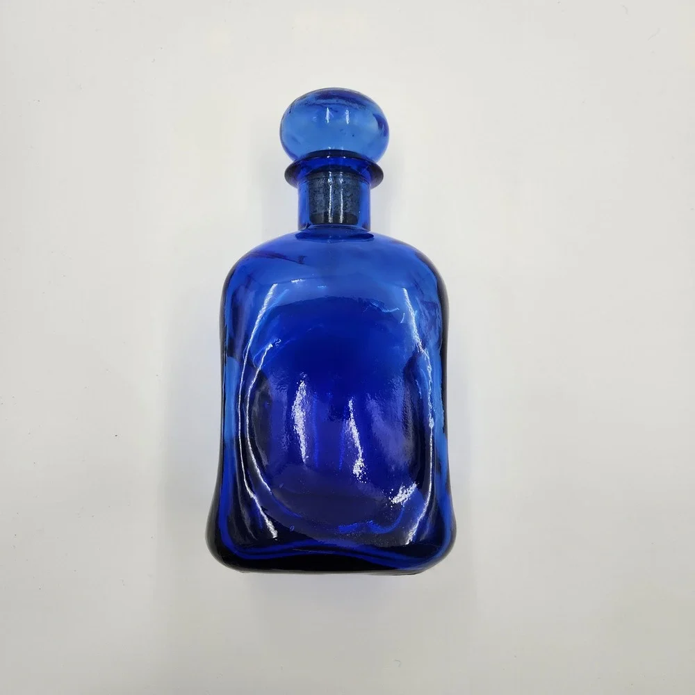 VTG Italian Cobalt Blue Pinched Hand Blown Glass Decanter Ball Stopper Bottle